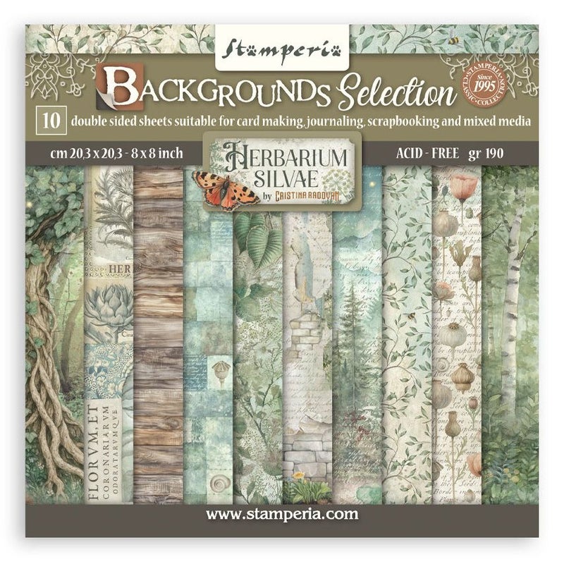 Stamperia | Kaksipuolinen Skr&auml;ppipaperisetti: Herbarium Silvae - Backgrounds